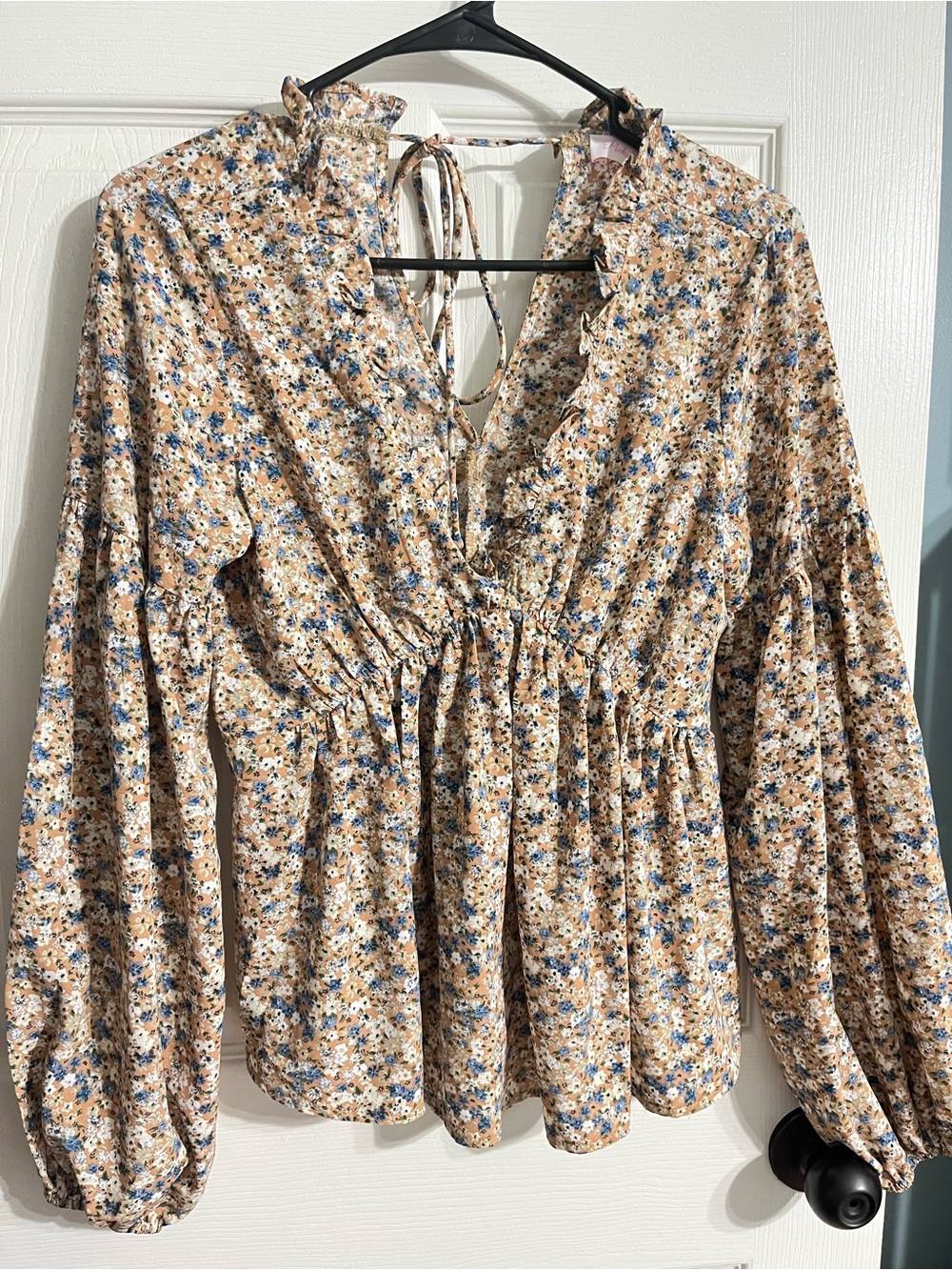 Pink Lily Beige Floral Peasant Blouse with Blue Accents
